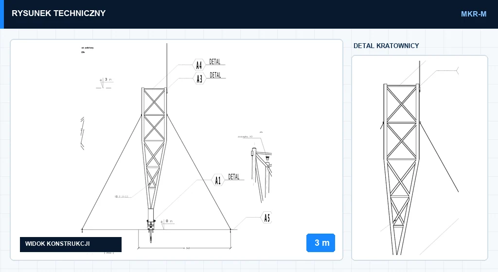 Rysunek techniczny masztu mkr3mMD, 3 m — wycinek z karty katalogowej PDF