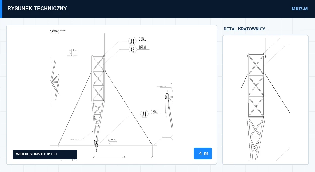 Rysunek techniczny masztu mkr4mMD, 4 m — wycinek z karty katalogowej PDF