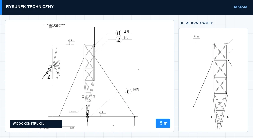 Rysunek techniczny masztu mkr5mMD, 5 m — wycinek z karty katalogowej PDF