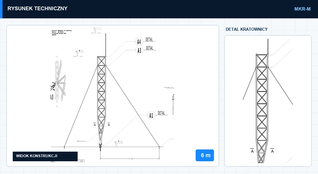 Rysunek techniczny masztu mkr6mMD, 6 m — wycinek z karty katalogowej PDF
