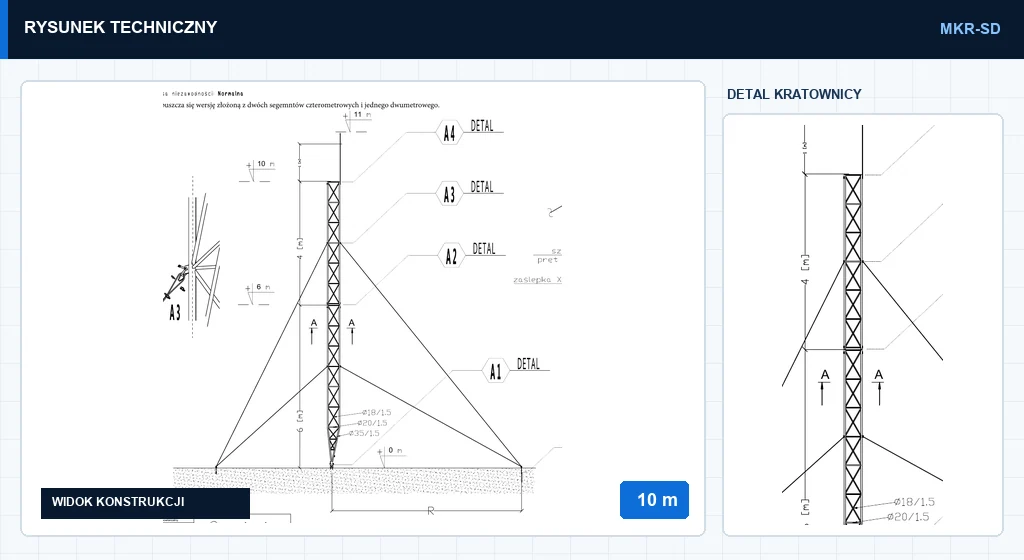 Rysunek techniczny masztu mkr10mSD, 10 m — wycinek z karty katalogowej PDF