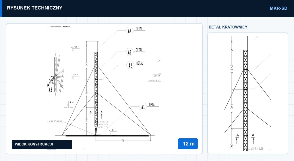 Rysunek techniczny masztu mkr12mSD, 12 m — wycinek z karty katalogowej PDF
