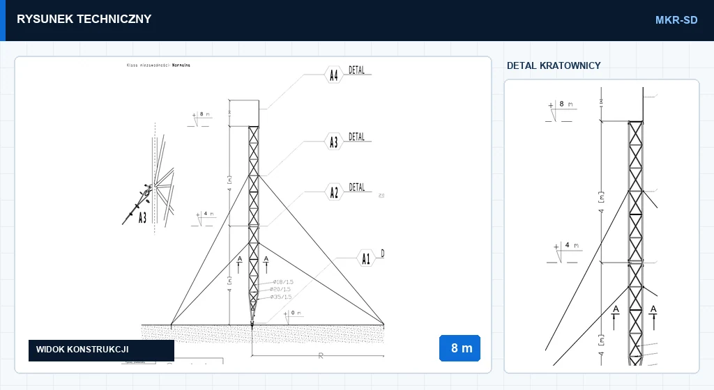 Rysunek techniczny masztu mkr8mSD, 8 m — wycinek z karty katalogowej PDF