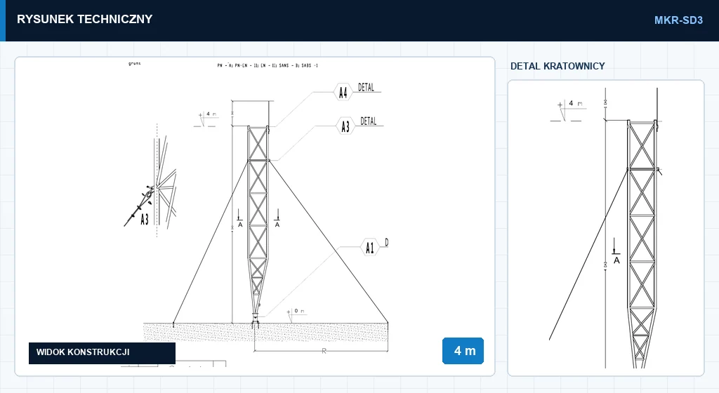 Rysunek techniczny masztu mkr4mSD3, 4 m — wycinek z karty katalogowej PDF