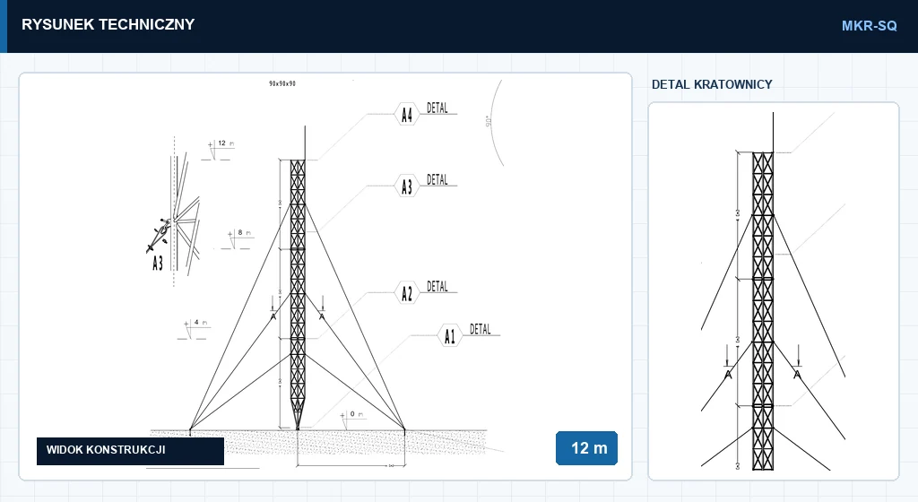 Rysunek techniczny masztu mkr12mSQ, 12 m — wycinek z karty katalogowej PDF