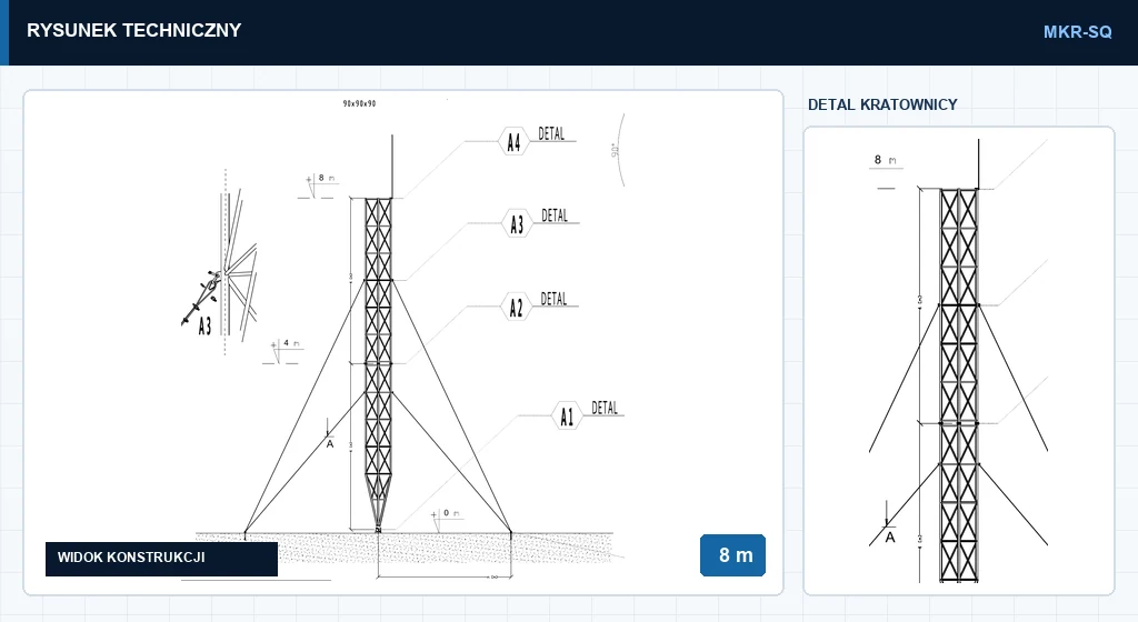 Rysunek techniczny masztu mkr8mSQ, 8 m — wycinek z karty katalogowej PDF