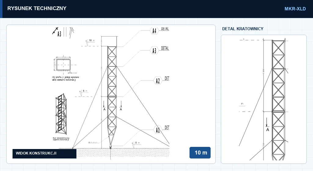 Rysunek techniczny masztu mkr10mXLD, 10 m — wycinek z karty katalogowej PDF