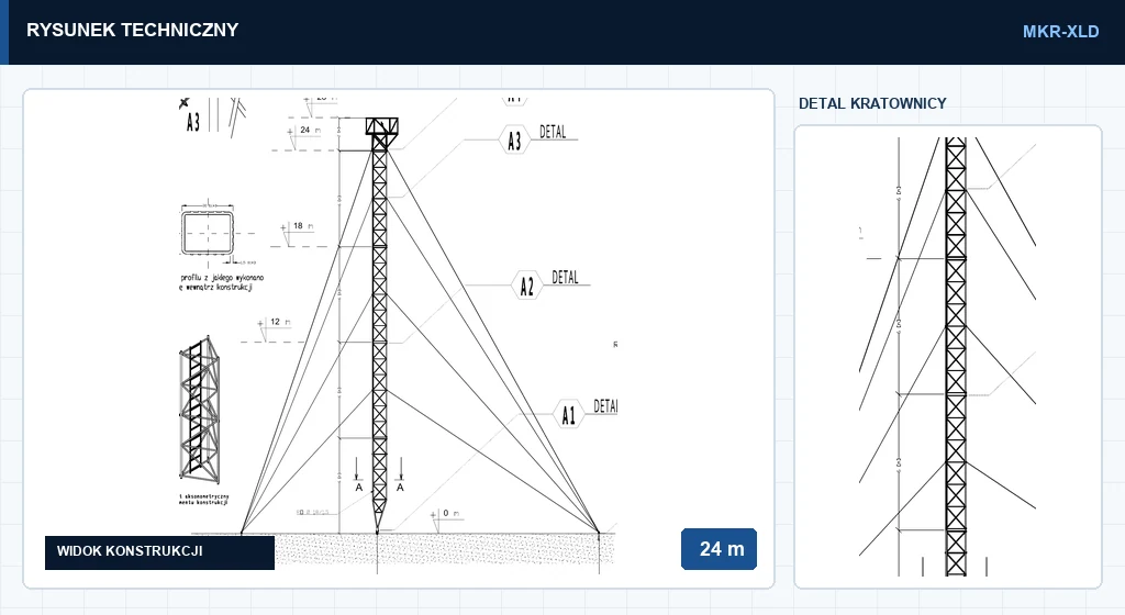 Rysunek techniczny masztu mkr24mXLDG, 24 m — wycinek z karty katalogowej PDF