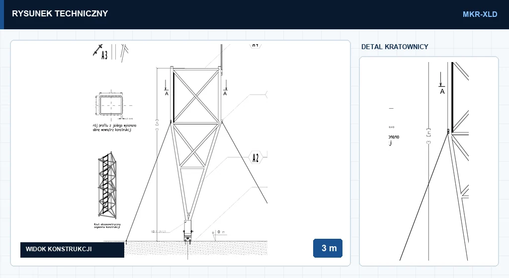 Rysunek techniczny masztu mkr3mXLD, 3 m — wycinek z karty katalogowej PDF