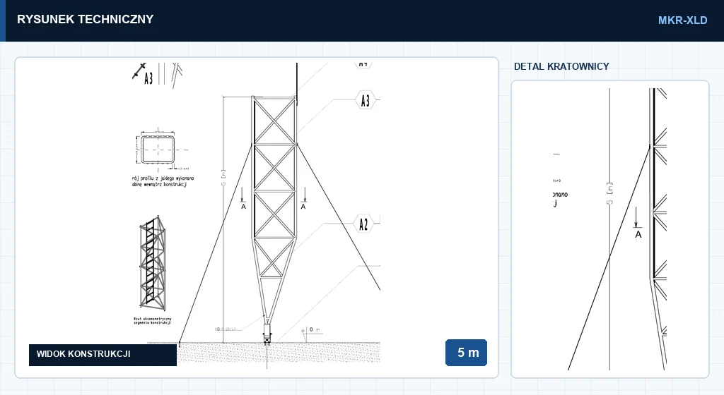 Rysunek techniczny masztu mkr5mXLD, 5 m — wycinek z karty katalogowej PDF