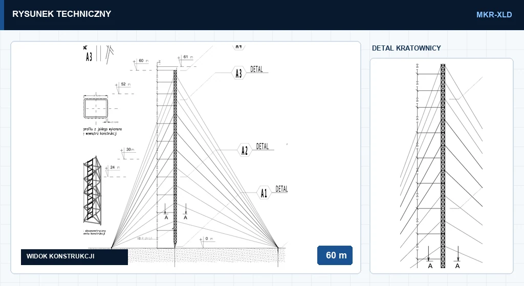 Rysunek techniczny masztu mkr60mXLD, 60 m — wycinek z karty katalogowej PDF