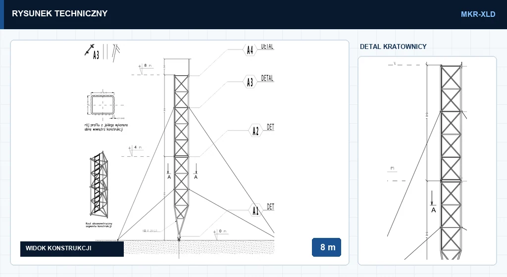 Rysunek techniczny masztu mkr8mXLD, 8 m — wycinek z karty katalogowej PDF